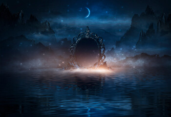 Abstract night fantasy landscape with mountains, river bank. An island on the water, a magic mirror, the light of the moon, rocks. Night sky reflected in the water.  © MiaStendal