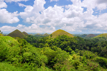 Chocolate Hills in Bohol island, Philippines. Bright majestic landscape in the rainy season....