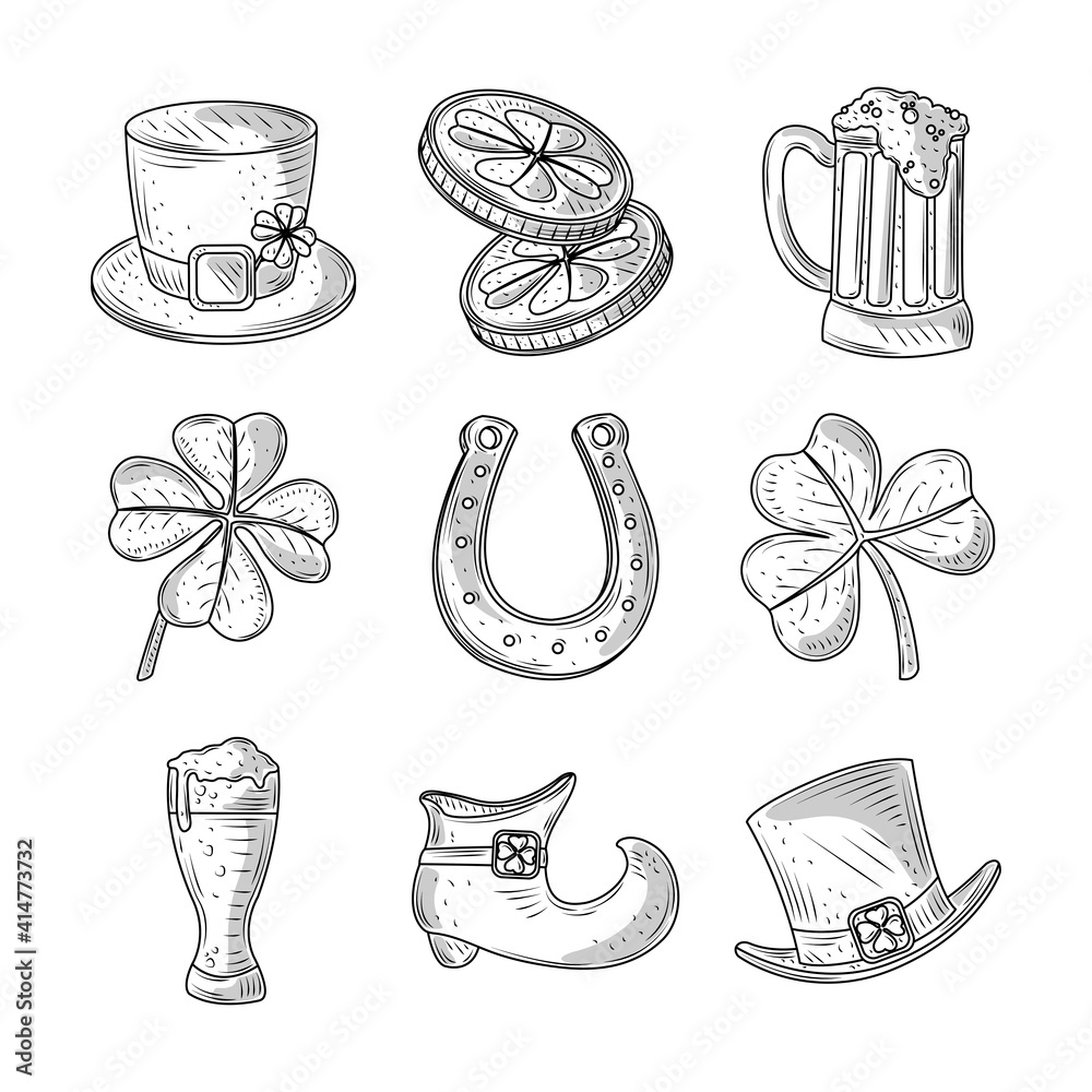 Sticker set happy st patricks day hat coins clover shoe beer and horseshoe icon sketch isolated