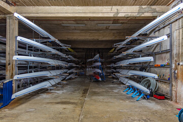Scull boats stored in a storage space in Croatia