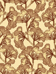 Medicinal plant Ginkgo Biloba Tree Branches. Hand drawn Leaf Seamless pattern. Brown Leaves endless background. Vector illustration.