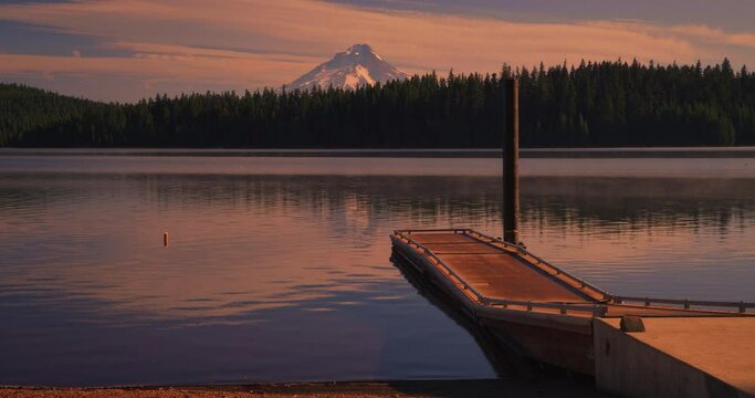 View of Mt. Hood from Timothy Lake dock at sunset, wide