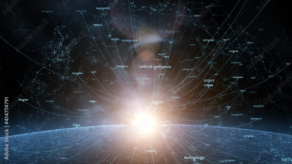 Poster cyberspace technology word cloud lens flare sparkling animation background