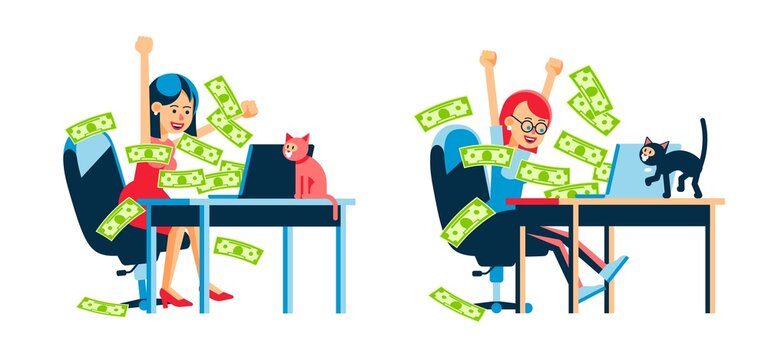 Online money winning woman. Money flow from laptop. Internet winner. Vector isolated illustration.