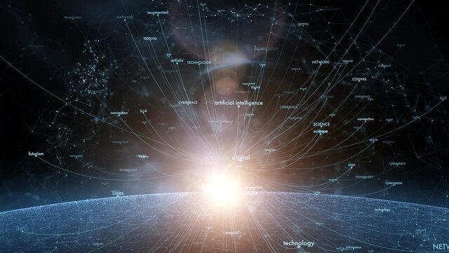 cyberspace technology word cloud lens flare sparkling animation background