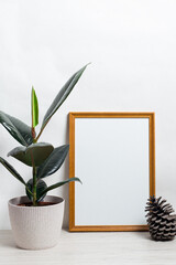 Poster with copy space. Home plant ficus in a pod in a Scandinavian-style interior. White, minimalism, vertical