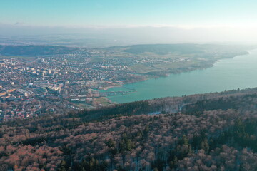 Aerial view with the lake in the background 