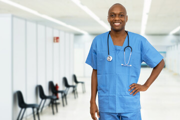 Mature adult african american male nurse at vaccination station for vacinating patients