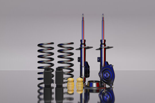 Passenger car Shock Absorber with dust cap, buffer mounting and strut mounting - new auto parts, spare parts. Spare parts for shop, aftermarket OEM. 3D rendering.