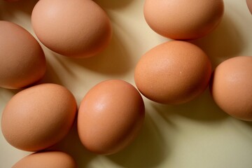 Brown eggs on a light background. View from the top.
