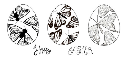 A set of 3 Easter eggs in a transparent color with a black outline of butterflies inside and lettering - Happy Easter. Stock vector illustration isolated on white background.