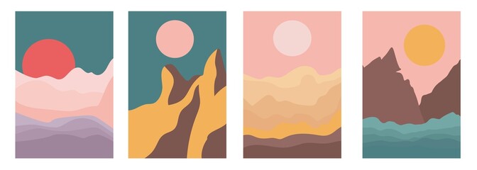 Landscapes set in boho minimal style vector illustration