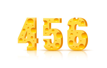 Cheese font 3d symbol, numbers 4 5 6 set. Vector