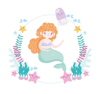 Mermaid with cute starfish jellyfish seaweed and fishes cartoon