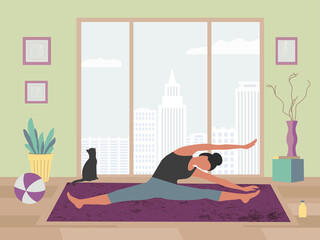 Young woman training yoga stay at home vector