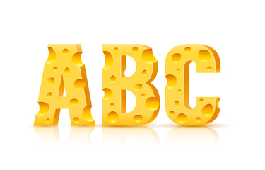 Cheese font 3d symbol, letter A B C set. Vector