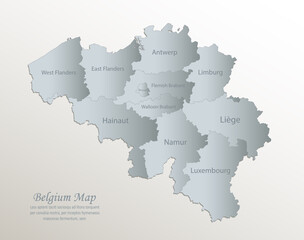 Belgium map, administrative division with names, white blue card paper 3D vector
