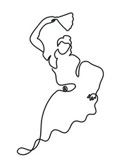 One line drawing of  spanish flamenco dancer.
One continuous line drawing of hispanic woman dancing with fan.