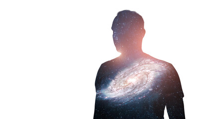 Silhouette of man with space, stars and galaxy on isolated white background. Light from background. Astrology sign. Esoterica and psychology. Elements of this image furnished by NASA