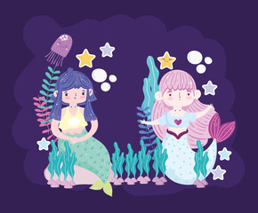 Beautiful Mermaids cartoon seaweed starfish jellyfish cartoon