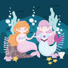 Mermaids cartoon underwater nature and marine wildlife cartoon