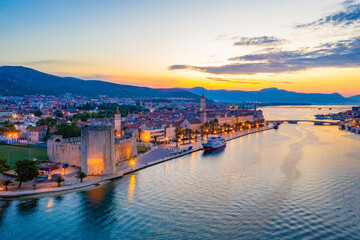 Sunrise aerial view of Croatian town Trogir