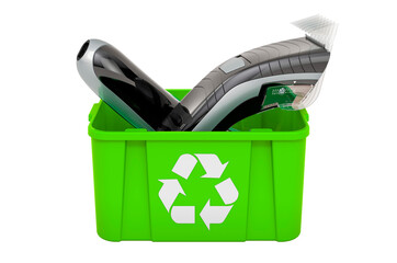 Recycling trashcan with electric hair clipper, 3D rendering