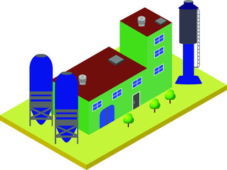Icons and compositions of industrial building, isolated constructions, subjects isometric view, 3D. Vector set of industry.