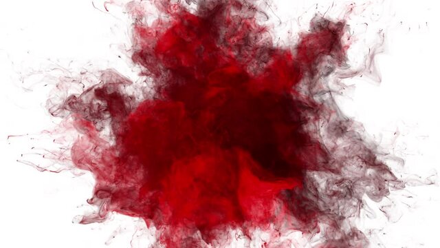 Red Color Burst - colorful smoke powder explosion fluid ink particles slow motion alpha matte isolated on white