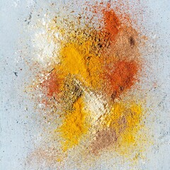 Variety of spices on a blue background. Powdered spices, dried garlic, dried onions, smoked paprika, turmeric, curry, cinnamon and coriander for cooking. Indian and Asian cuisine, Seasonings 