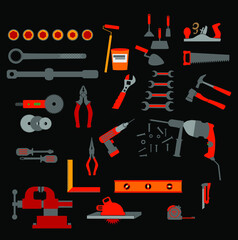 Stock vector illustration set isolated icons building tools repair, construction buildings, drill, hammer, screwdriver, saw, putty knife, ruler, helmet, roller, brush, tool box.