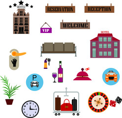 Flat vector design elements of hotel service set-reception, reservation, morning call, cleaning,concierge and shuttle bus for web and mobile application.