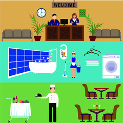Flat vector design elements of hotel service set-reception, reservation, morning call, cleaning,concierge and shuttle bus for web and mobile application.