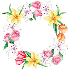 Watercolor Spring Wreath, floral bright wreath isolated on white background.