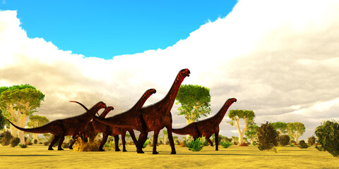 Mierasaurus Dinosaur Herd - A Mierasaurus sauropod dinosaur herd travels together among a landscape of Red Oak trees during the Cretaceous Period of Utah, USA. © Catmando