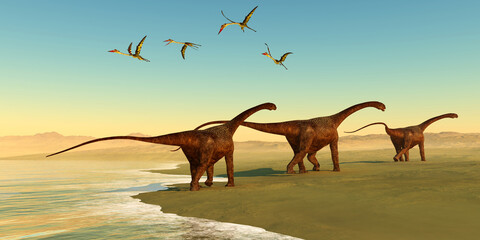 Malawisaurus Dinosaur Beach - Quetzalcoatlus reptiles fly out to sea as a herd of Malawisaurus dinosaurs go in search of vegetation to eat.