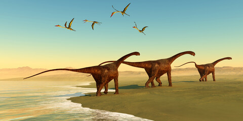 Malawisaurus Dinosaur Beach - Quetzalcoatlus reptiles fly out to sea as a herd of Malawisaurus dinosaurs go in search of vegetation to eat. © Catmando