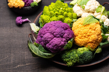 Purple, yellow, white and green color cauliflowers