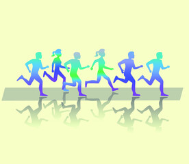 Fototapeta na wymiar Group of People Running in City Public Park. Different Sex, Age, Shape Characters. Trendy Gradient Flat Style Vector Illustration