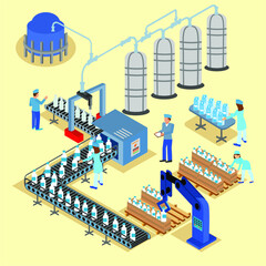 Agriculture and Farming in rural landscape scene design. natural and organic dairy farm. Vector illustration. production stages and processing of milk from a dairy farm to table.
