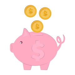 Piggy bank with coins. Vector illustration in flat style. Concept of saving or accumulating money, investment. Banking and business services concept
