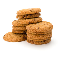 Stacked Chocolate chip cookies isolated on white background. Sweet biscuits. Homemade pastry.