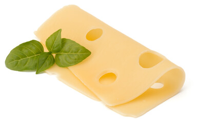 Cheese and basil leaves isolated on white background