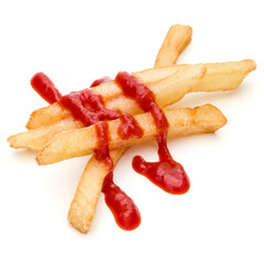 French Fried Potatoes with ketchup isolated on white background