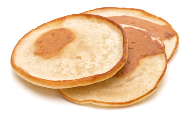 Three pancakes isolated on white background cutout.