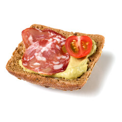 Canape with salami. Open faced sandwich crostini isolated on white background closeup. Appetizer tartarine.