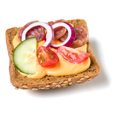 Canape with salami. Open faced sandwich crostini isolated on white background closeup. Appetizer tartarine.