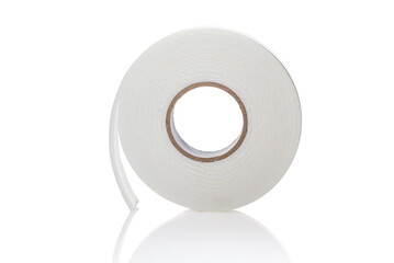Double sided adhesive foam tape isolated on white background. Close-up. Full depth of field.