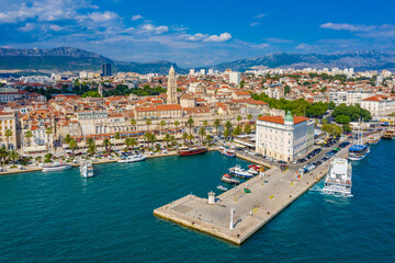 Aerial view of cityscape of Croatian city Split behind Riva promenade
