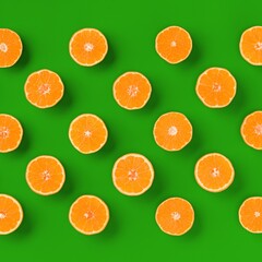 Fruit pattern of fresh orange tangerine or mandarin on green background. Flat lay, top view. Pop art design, creative summer concept. Citrus in minimal style.